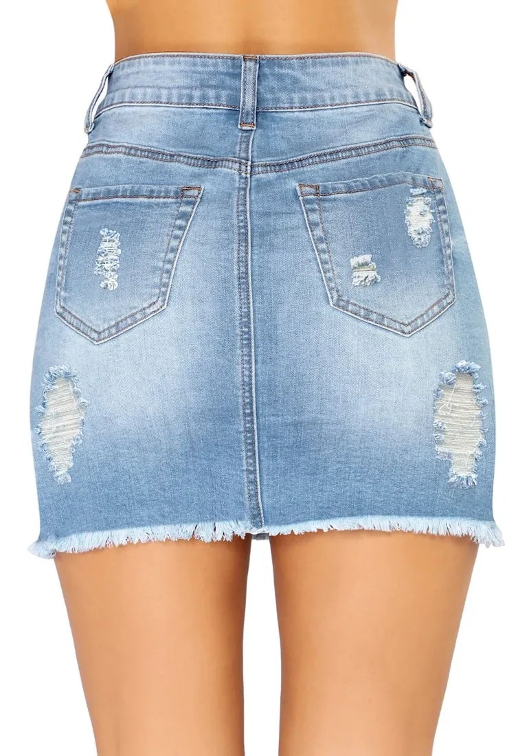 Light Blue Ripped Frayed Hem Denim Skirt