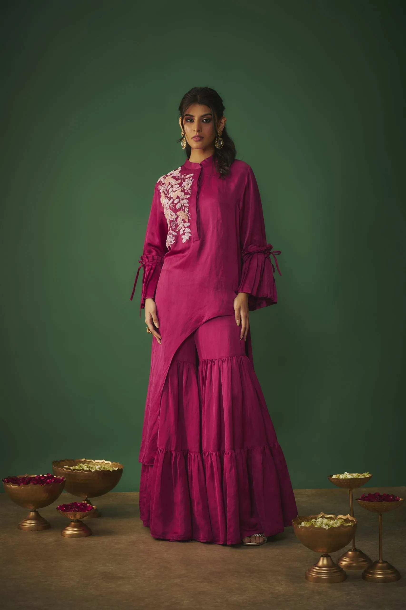 MAGENTA PINK EMBROIDERED ASYMMETRICAL KURTA AND SHARARA SET