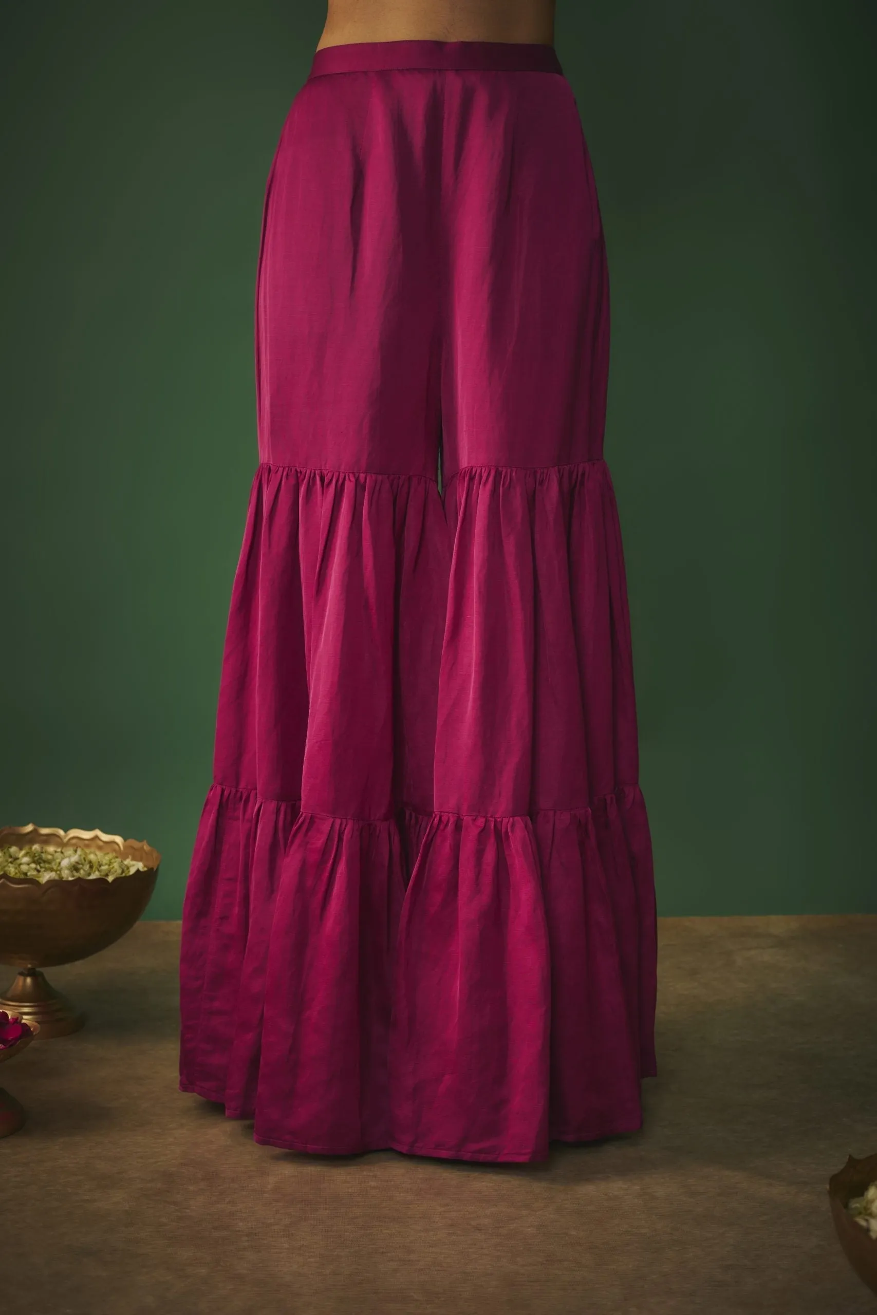 MAGENTA PINK EMBROIDERED ASYMMETRICAL KURTA AND SHARARA SET