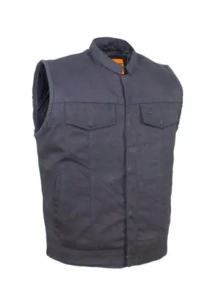 Men's Black Denim Motorcycle Vest With Zipper & Button Snap Front Closure, MV320-ZIP-BD-DL