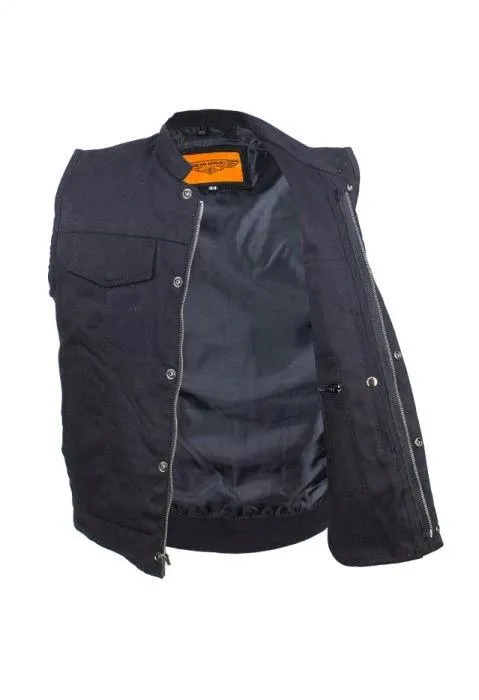 Men's Black Denim Motorcycle Vest With Zipper & Button Snap Front Closure, MV320-ZIP-BD-DL