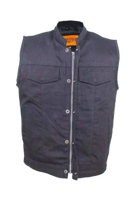 Men's Black Denim Motorcycle Vest With Zipper & Button Snap Front Closure, MV320-ZIP-BD-DL