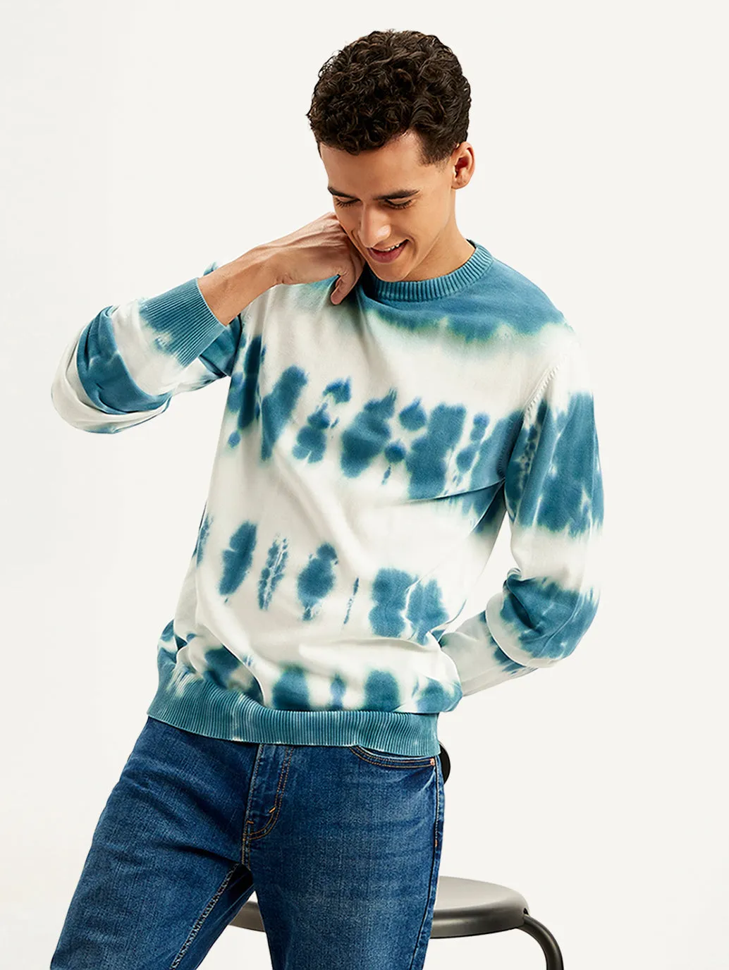 Men's Tie-Dye Light-Blue Crew Neck Sweater