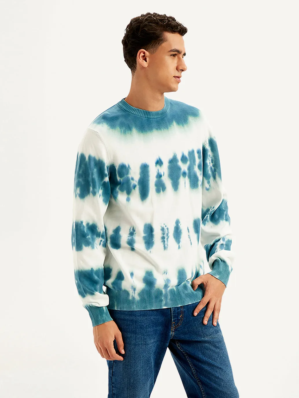 Men's Tie-Dye Light-Blue Crew Neck Sweater