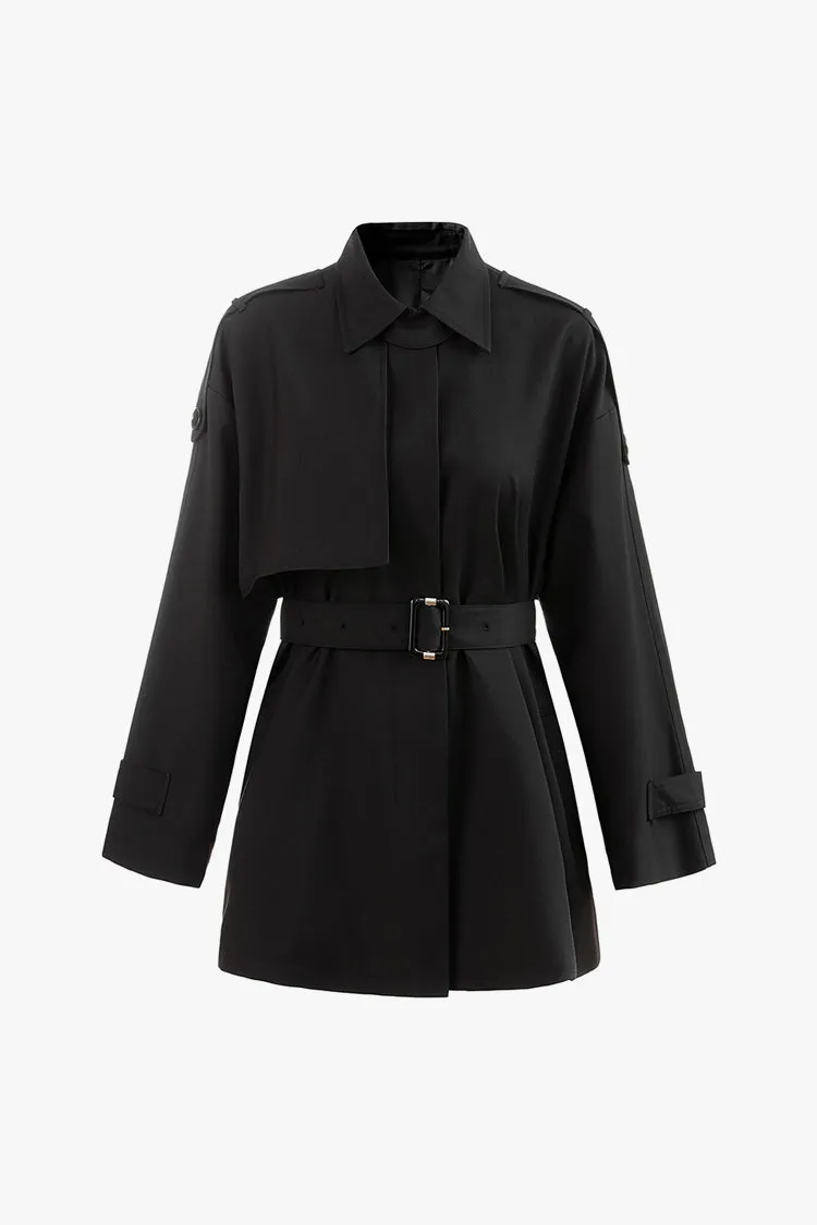 Modern Collared Drop Shoulder Cinched Waist Belted Short Trench Coat