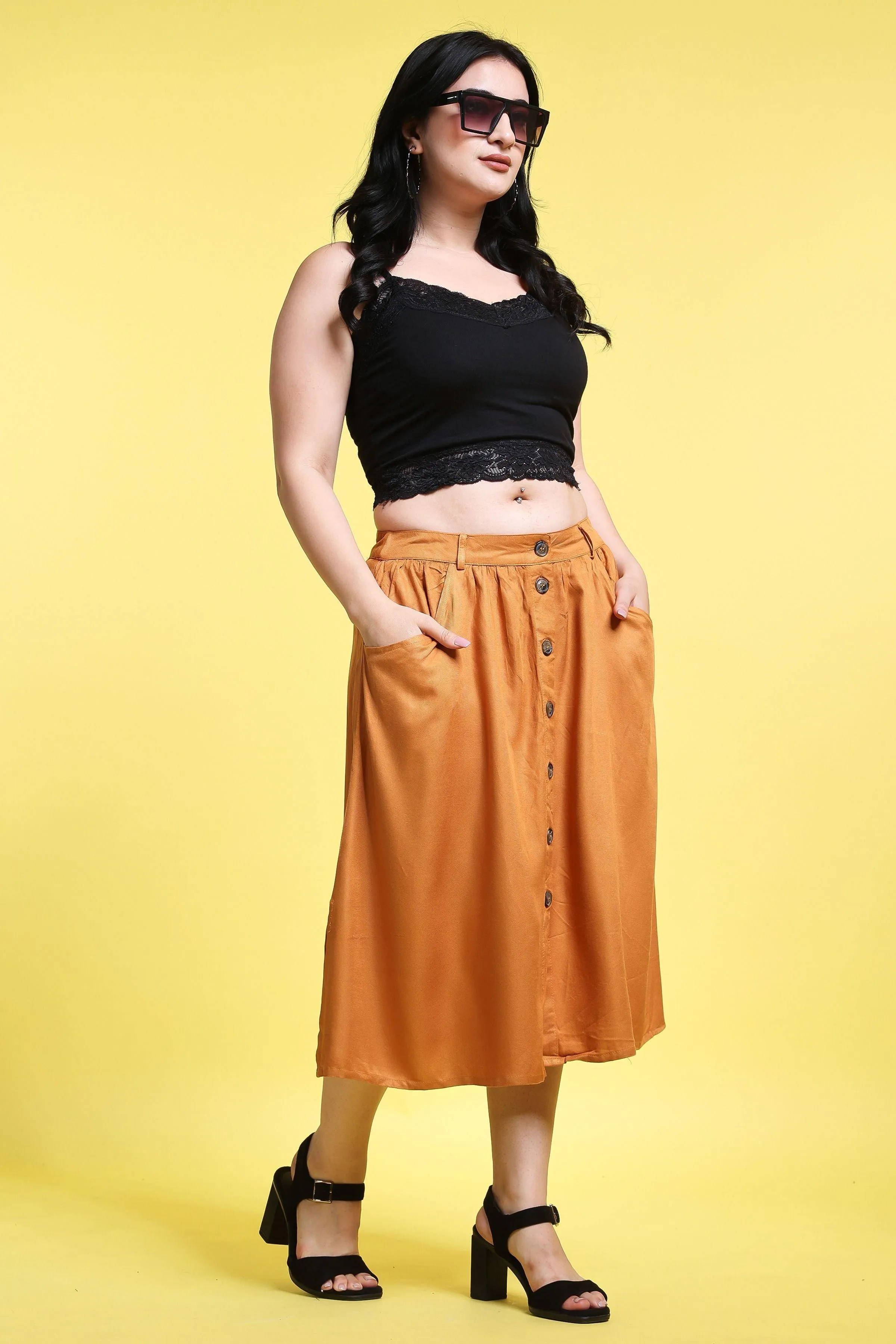 Mustard Solid Buttoned Skirt