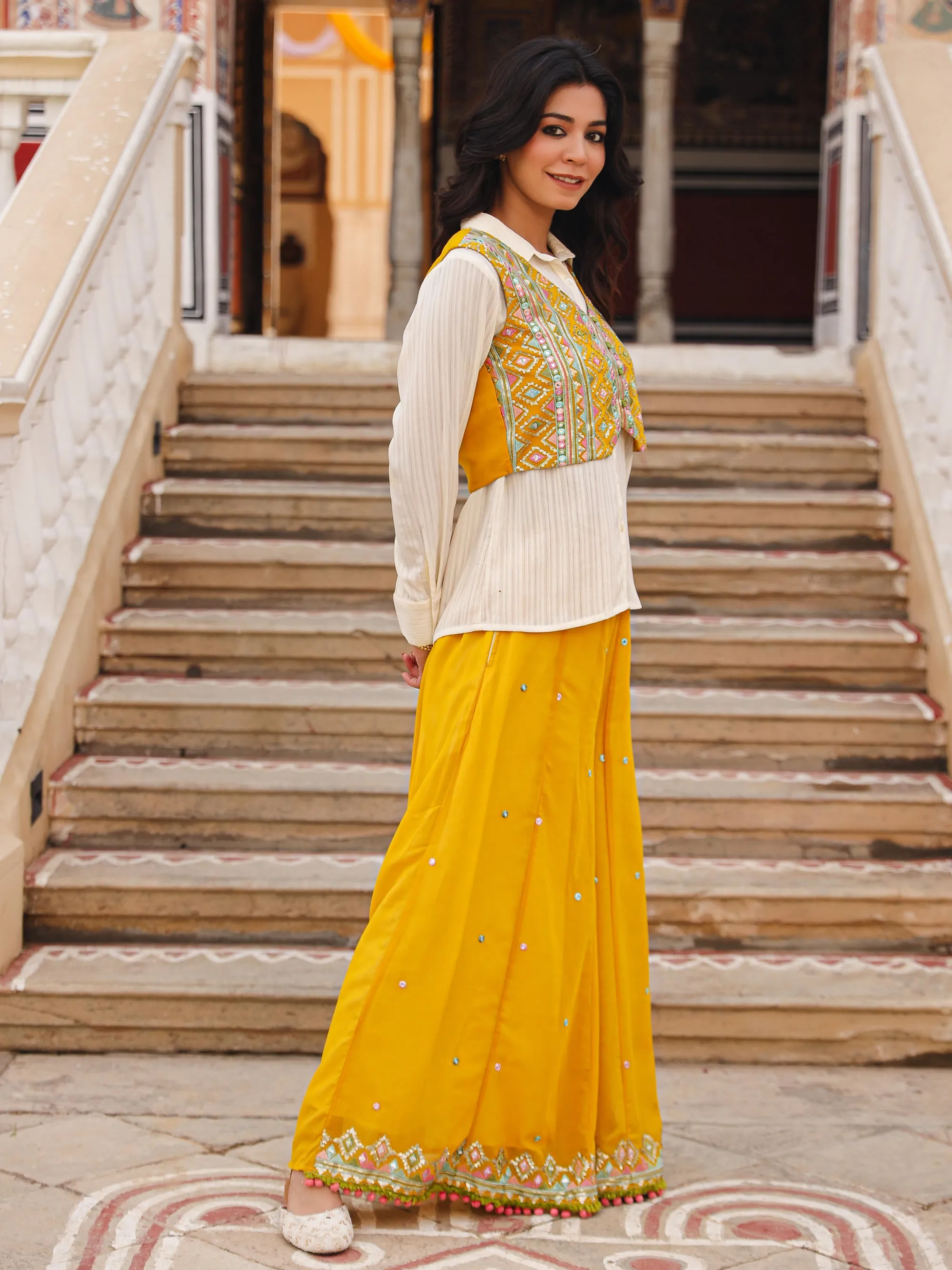 Mustard Thread Embroidered Georgette Shirt Jacket & Palazzo Set With Mirror Work & Sequins