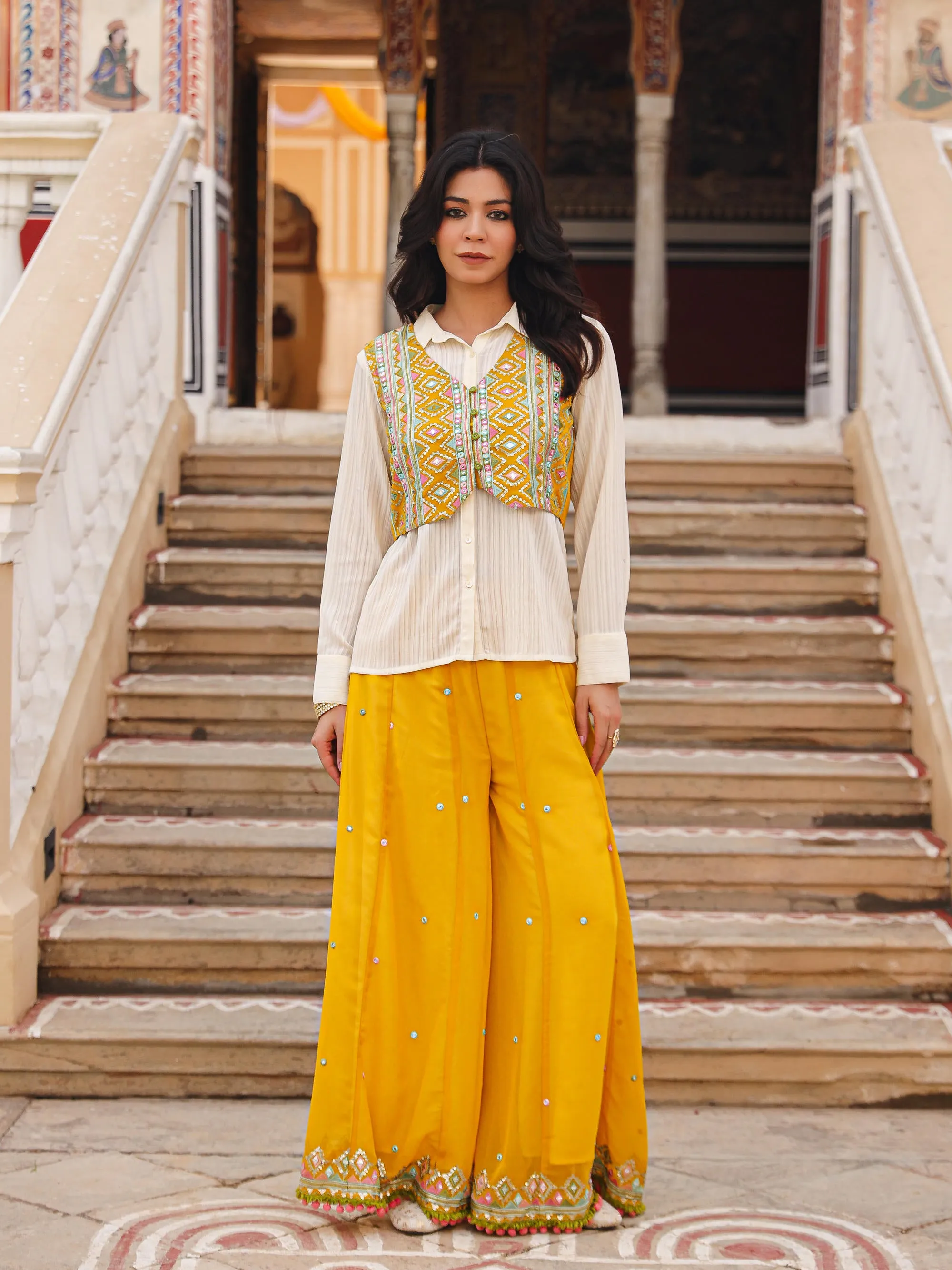 Mustard Thread Embroidered Georgette Shirt Jacket & Palazzo Set With Mirror Work & Sequins