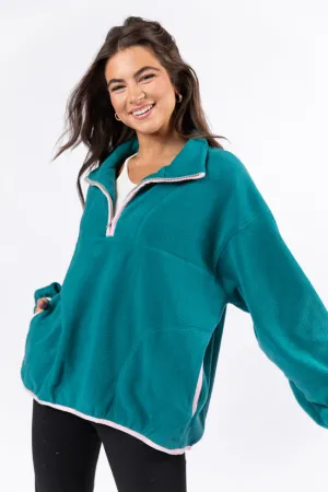 Outside The Box Jade and Pink Contrast Trim Fleece Pullover FINAL SALE