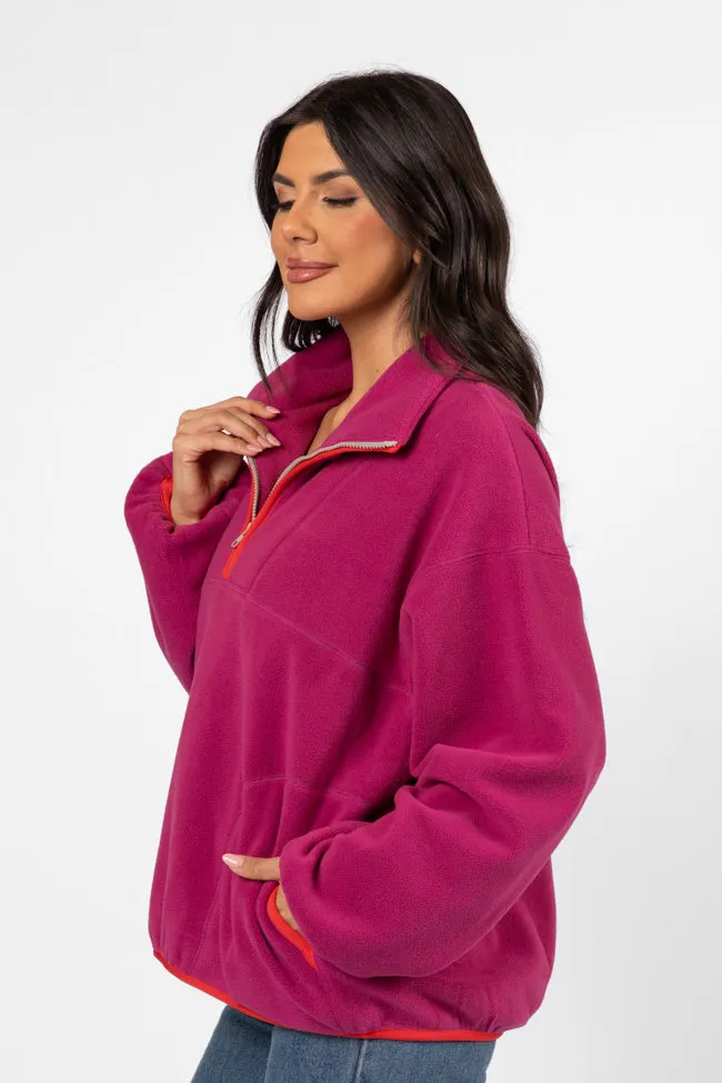 Outside The Box Magenta Contrast Trim Fleece Pullover