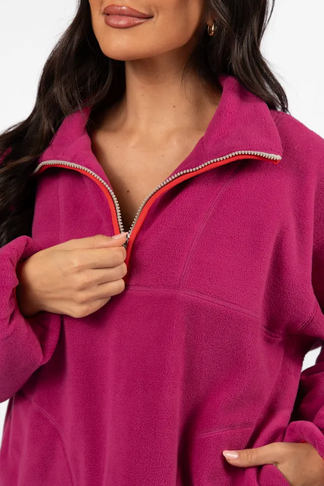 Outside The Box Magenta Contrast Trim Fleece Pullover