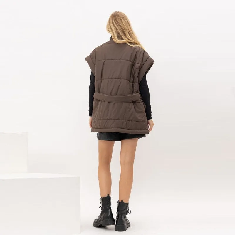 Oversized Puff Vest with Belt (Brown)