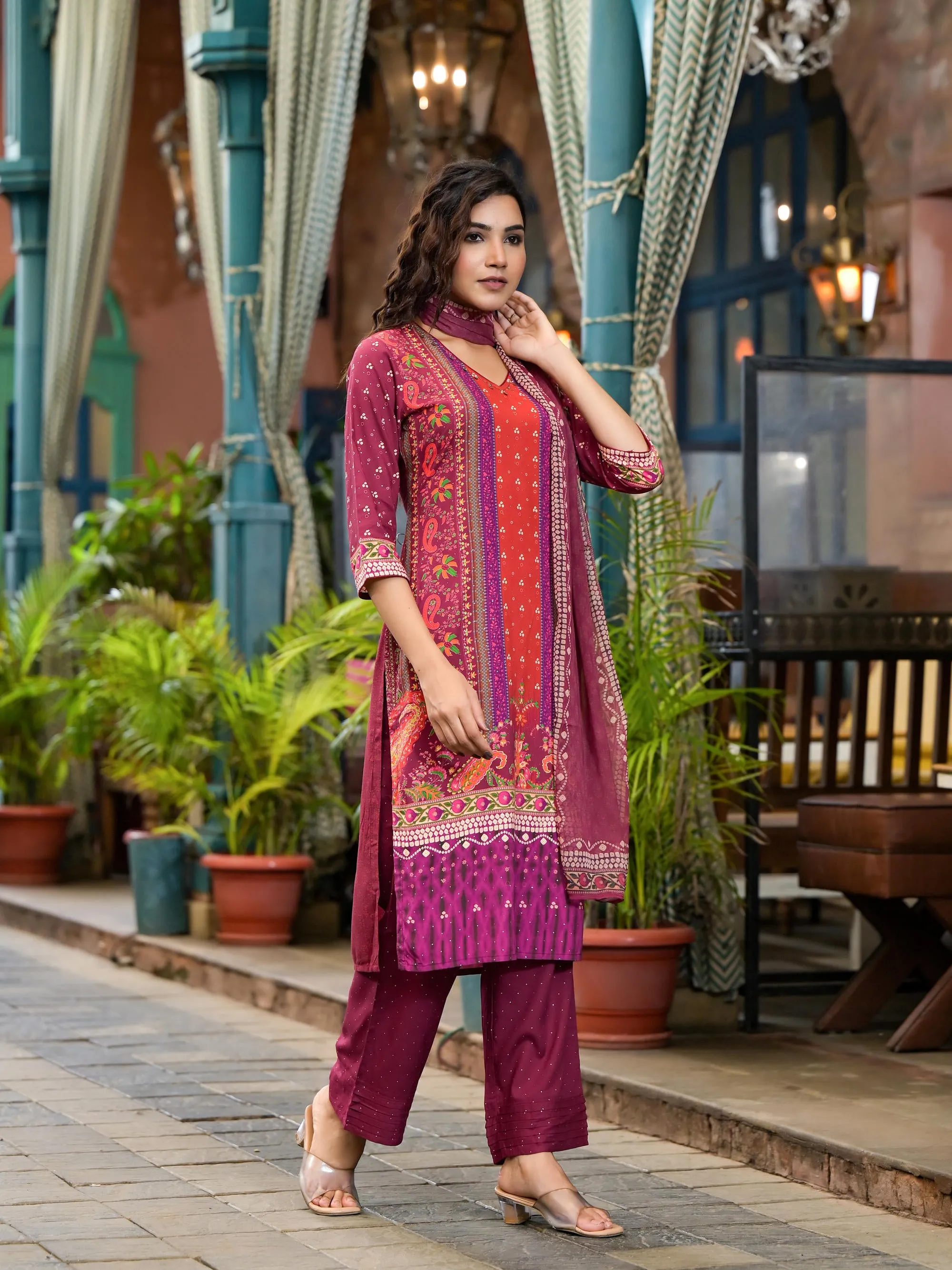 Plum Ethnic Motif Printed Liva Rayon Kurta Set With Coins