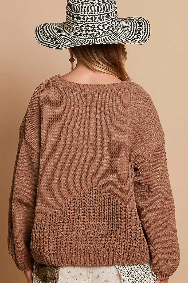 POL Chenille Knit Sweater with Multi Colored Flower Appliques in Mocha