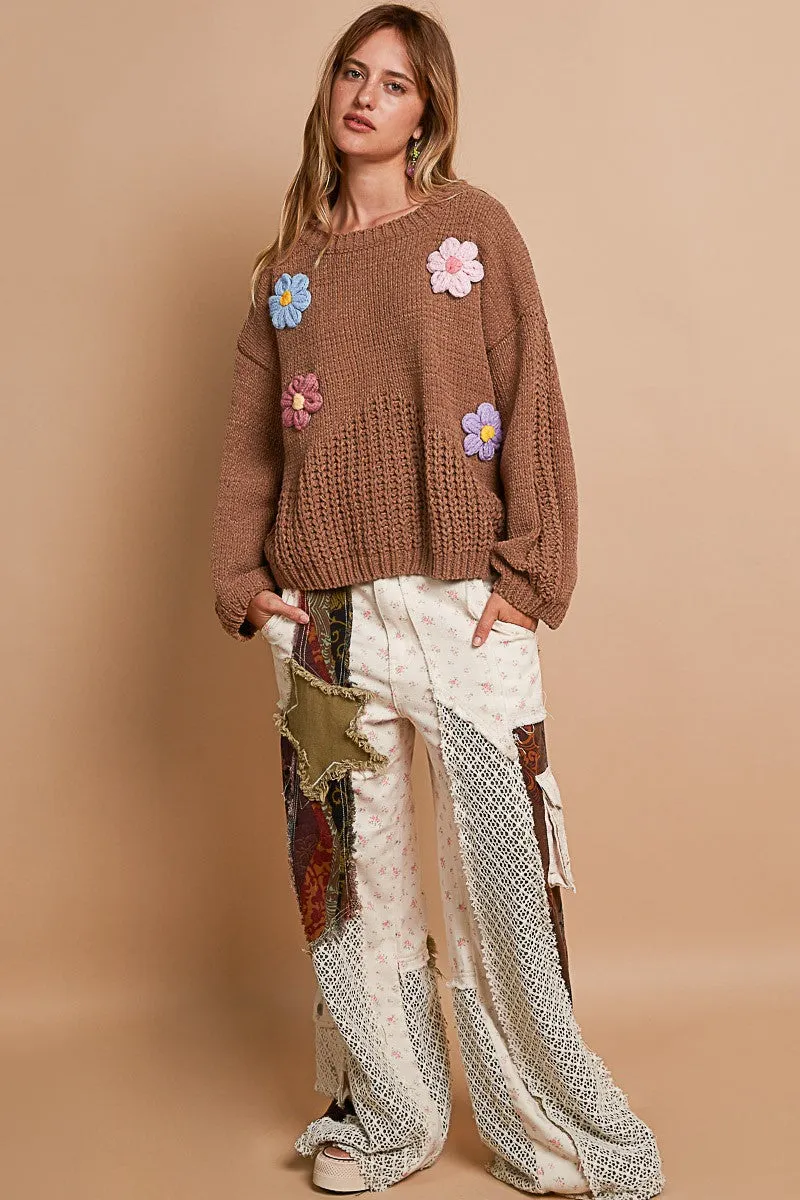 POL Chenille Knit Sweater with Multi Colored Flower Appliques in Mocha