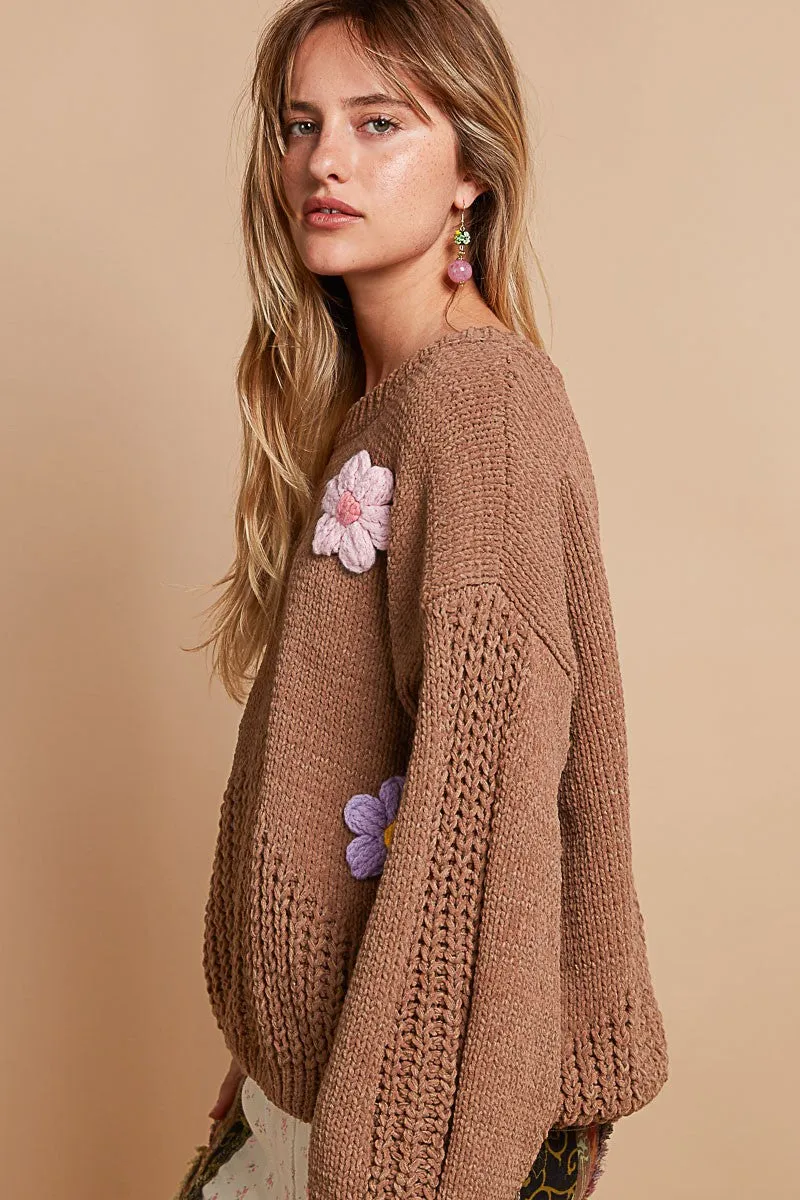 POL Chenille Knit Sweater with Multi Colored Flower Appliques in Mocha