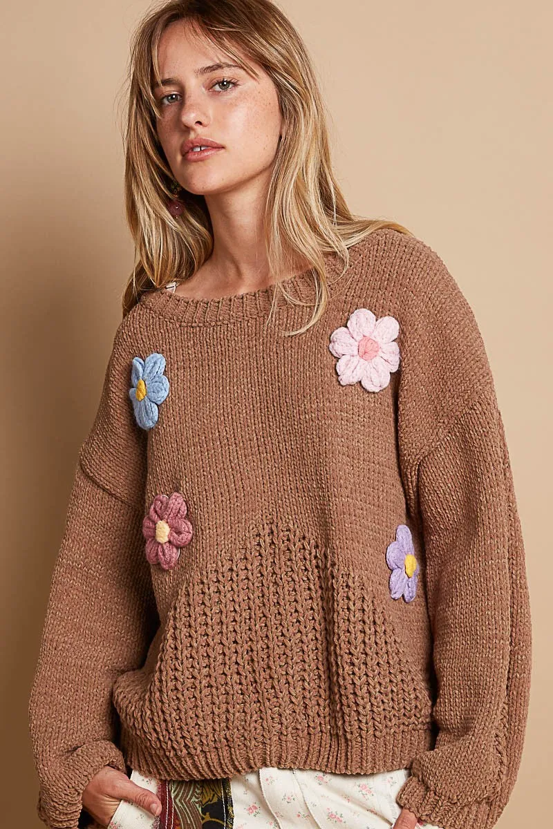 POL Chenille Knit Sweater with Multi Colored Flower Appliques in Mocha