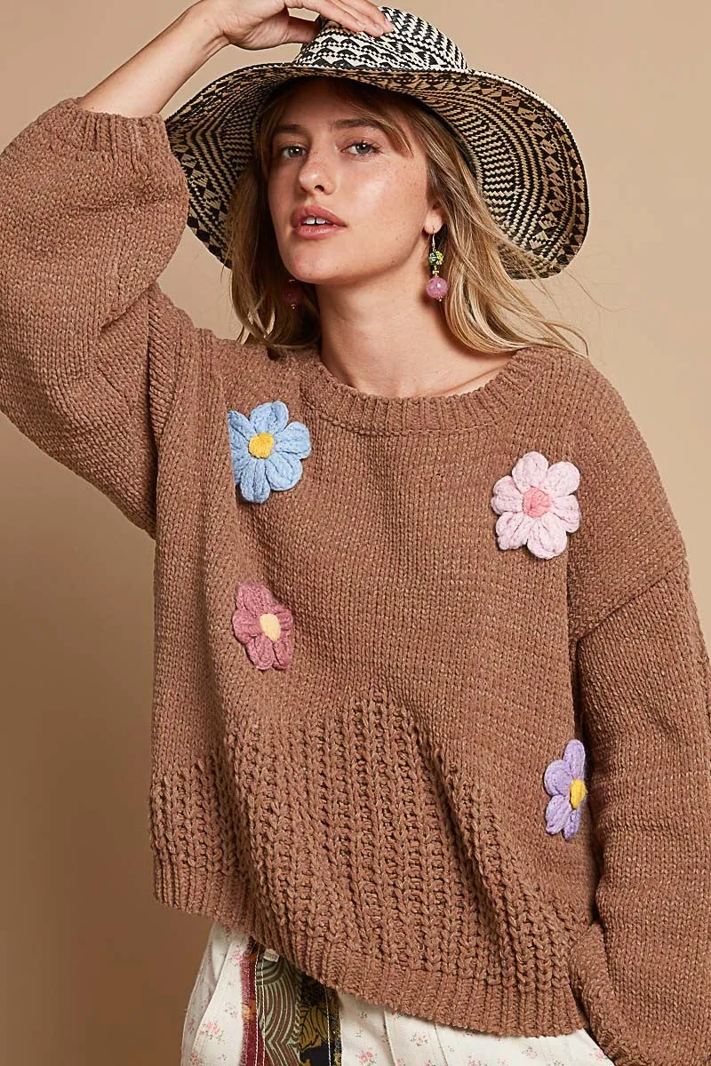 POL Chenille Knit Sweater with Multi Colored Flower Appliques in Mocha