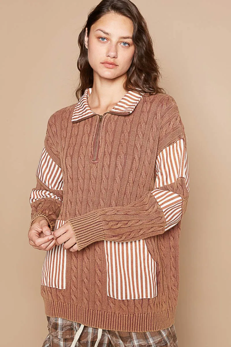 POL Ribbed Knit Pullover Sweater in Rustic Brown