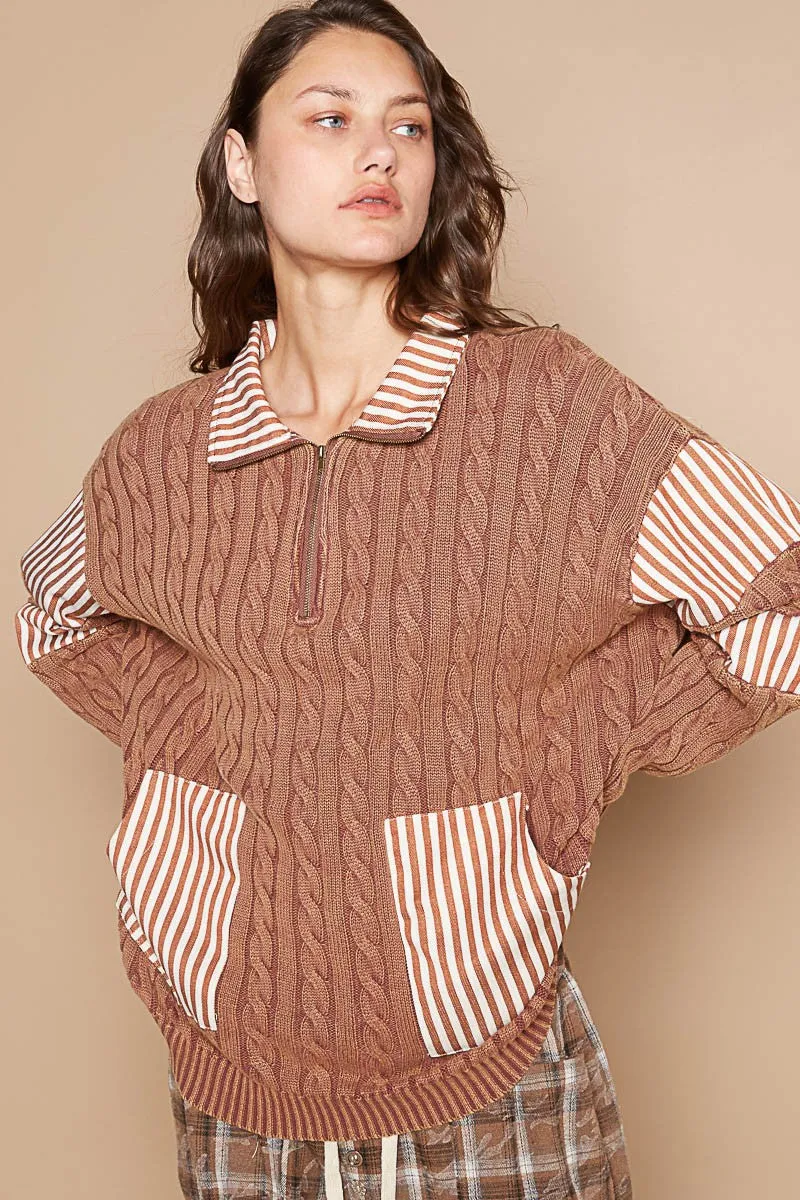 POL Ribbed Knit Pullover Sweater in Rustic Brown