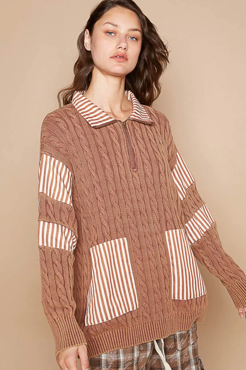 POL Ribbed Knit Pullover Sweater in Rustic Brown