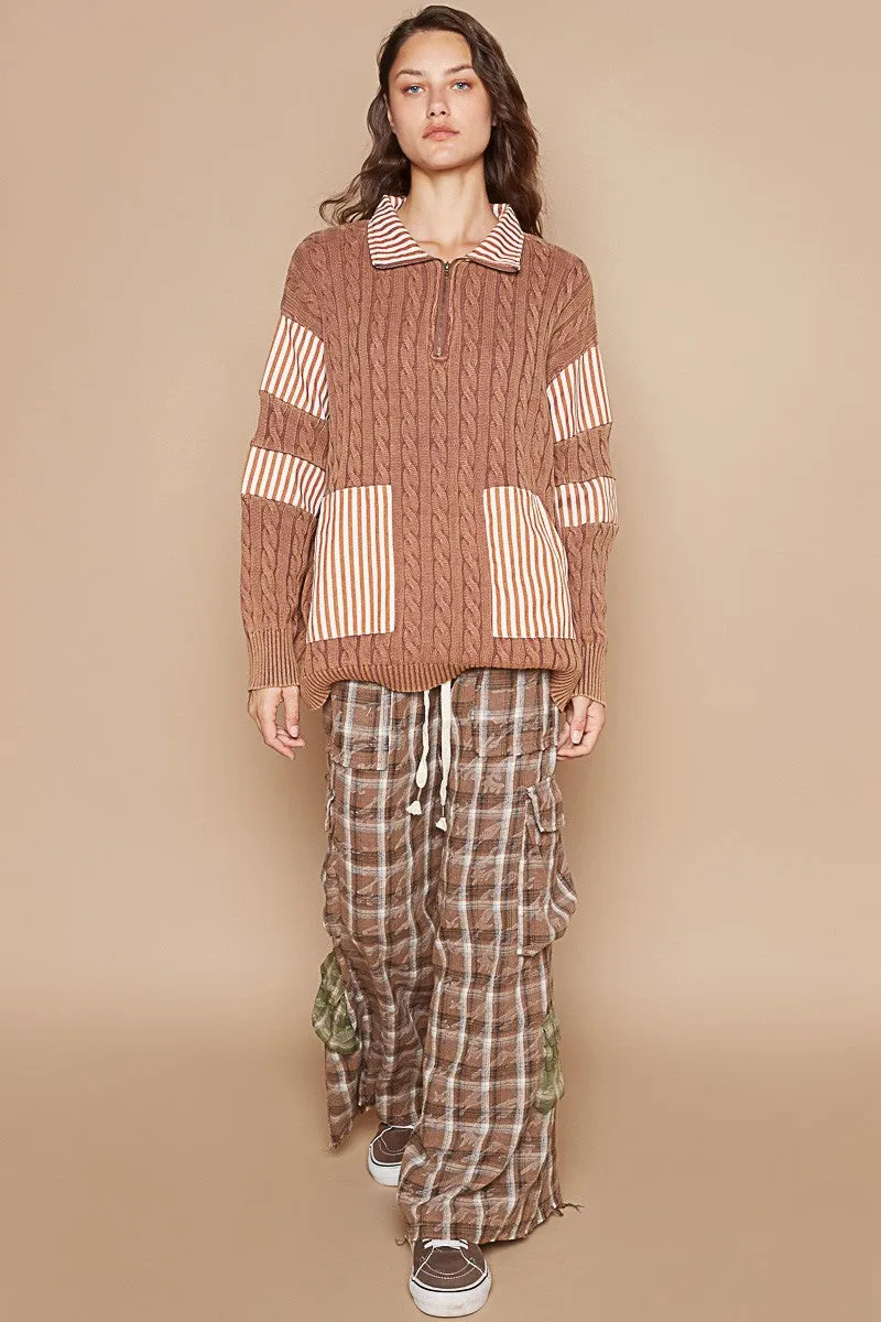 POL Ribbed Knit Pullover Sweater in Rustic Brown