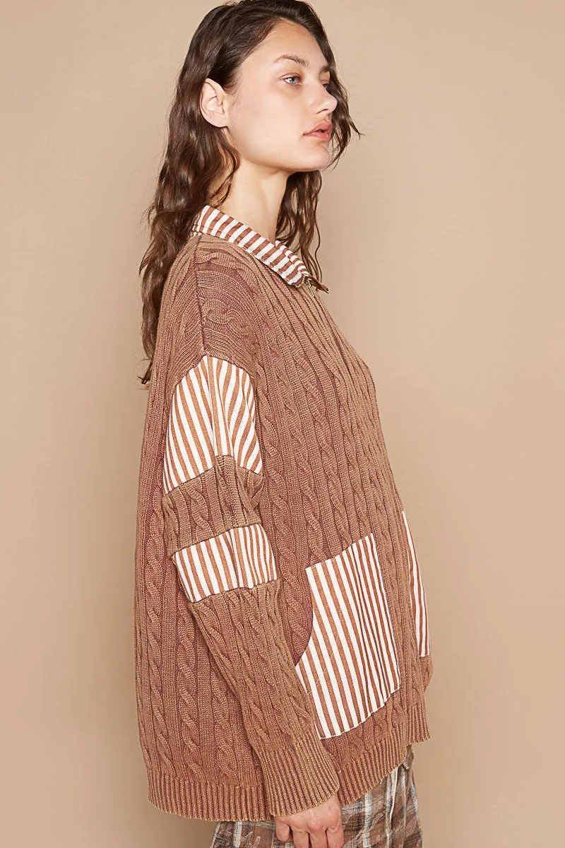 POL Ribbed Knit Pullover Sweater in Rustic Brown