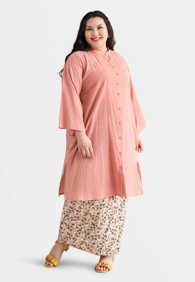 Rashida Long Cotton Button Kurung Top - Blue