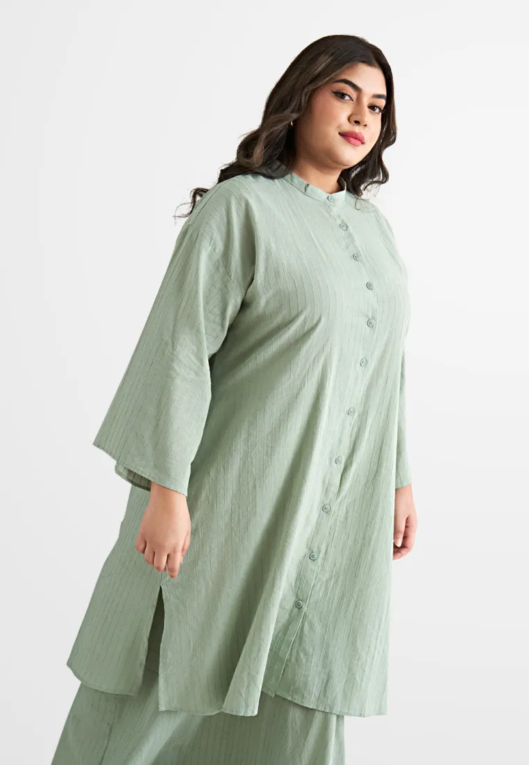 Rashida Long Cotton Button Kurung Top - Blue