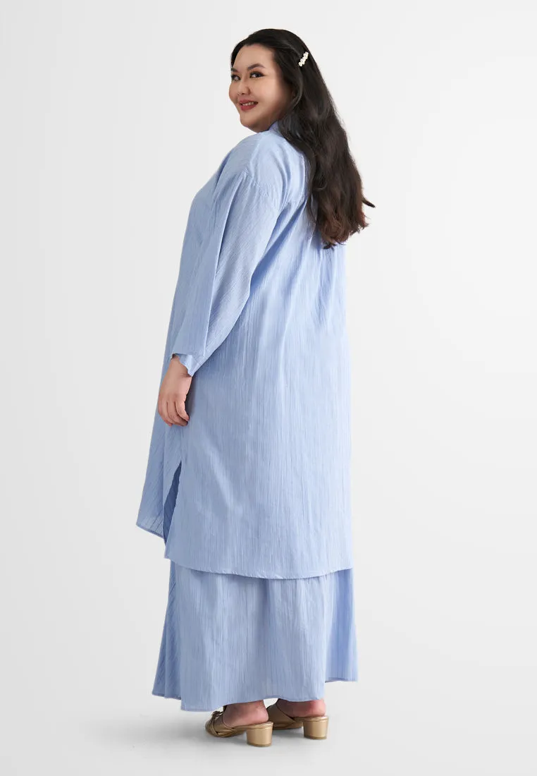 Rashida Long Cotton Button Kurung Top - Blue