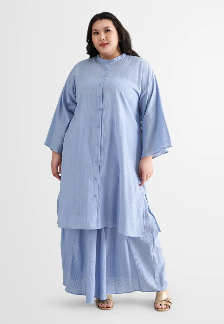 Rashida Long Cotton Button Kurung Top - Blue