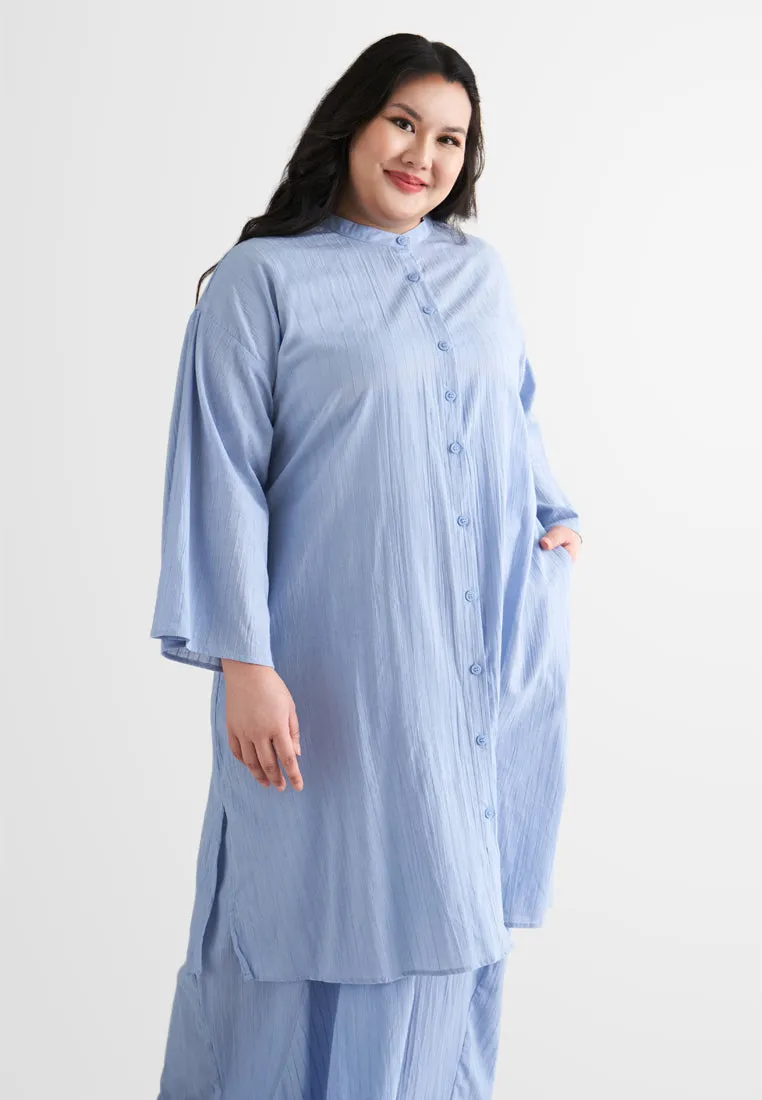 Rashida Long Cotton Button Kurung Top - Blue