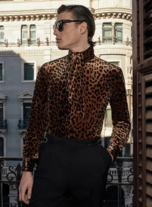 Rust Leopard Velvet Tie Neck Shirt