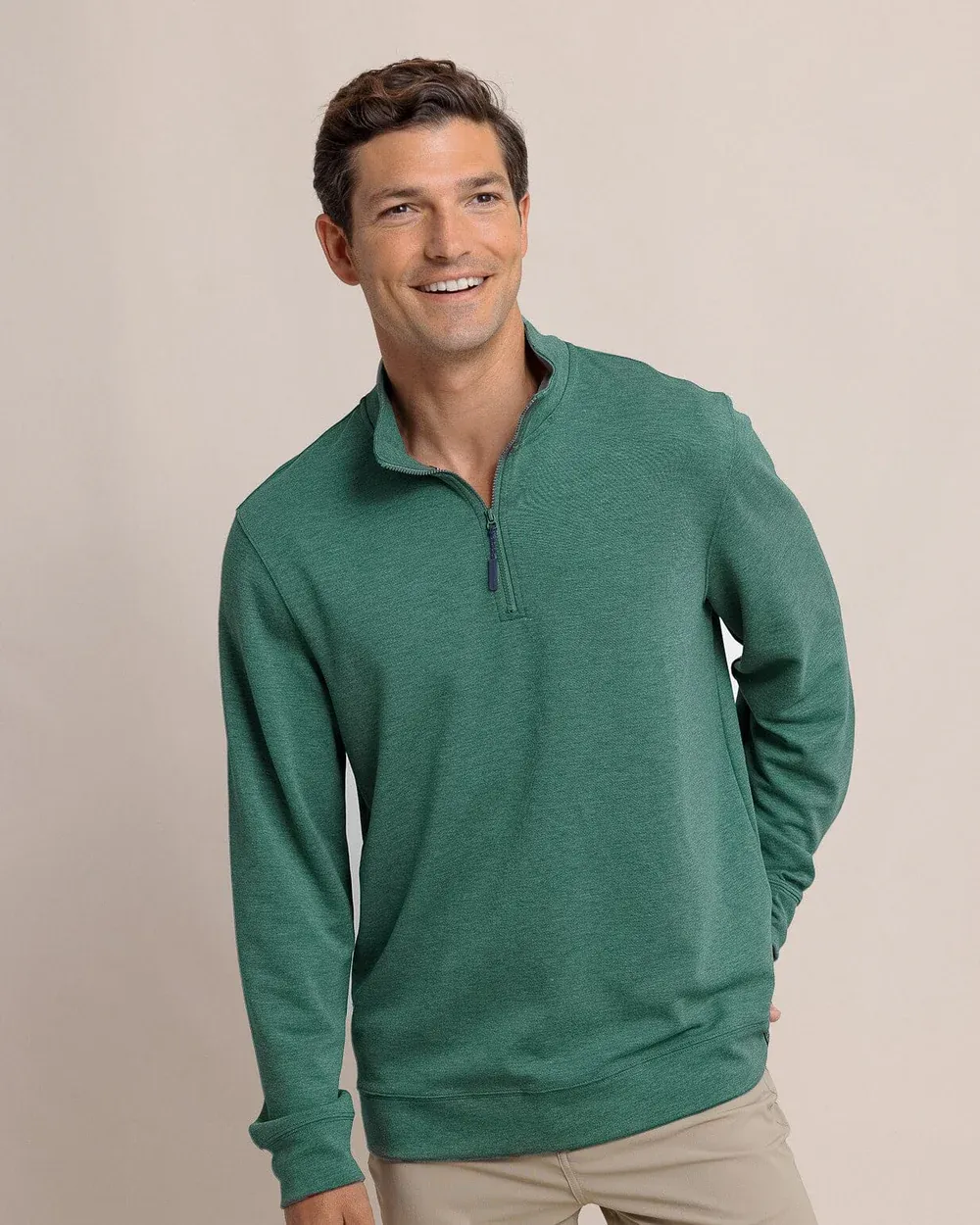 Southern Tide Men's Long Sleeve Whyche Interlock Heather Quarter Zip / Heather Salt Meadow