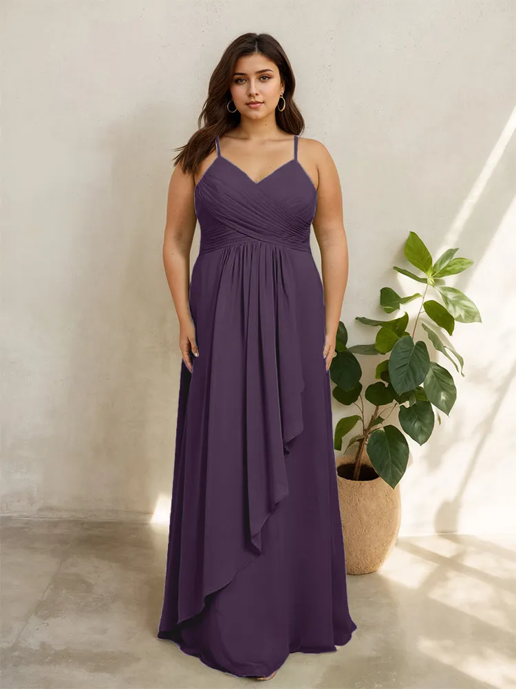 Spaghetti Straps Floor Length Plus Size V-neck Bridesmaid Dresses with Slit