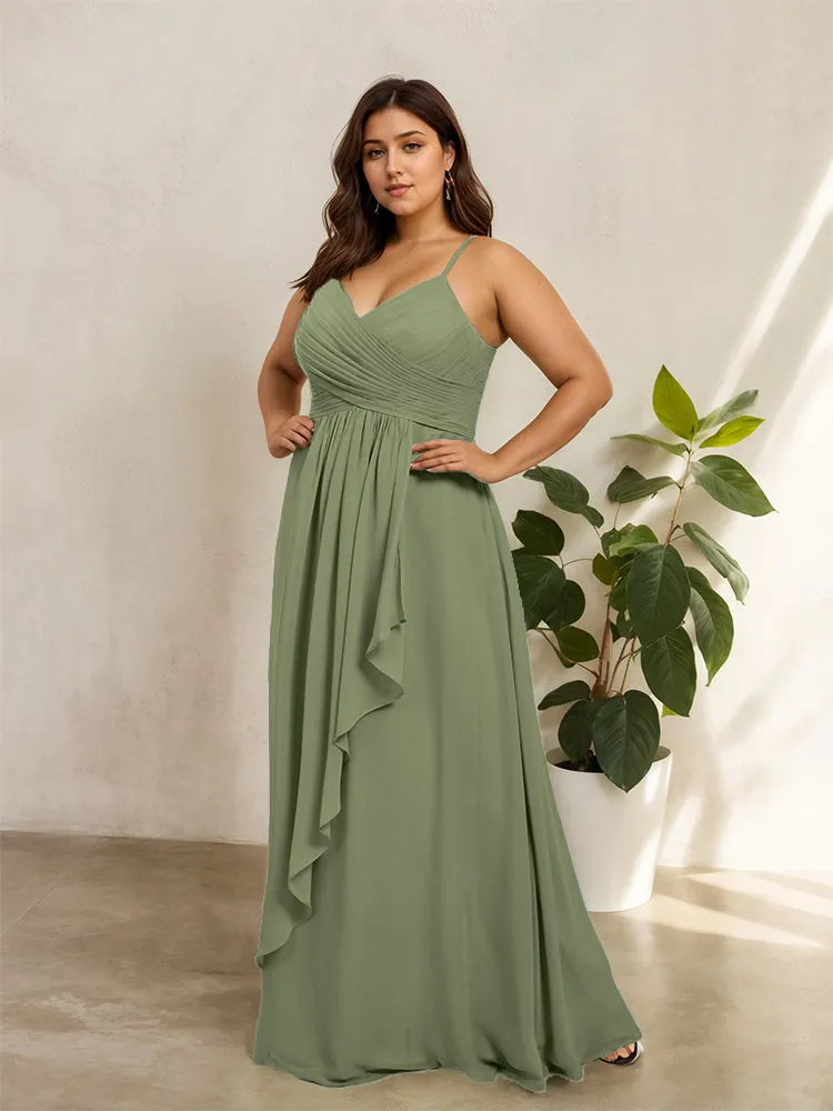 Spaghetti Straps Floor Length Plus Size V-neck Bridesmaid Dresses with Slit