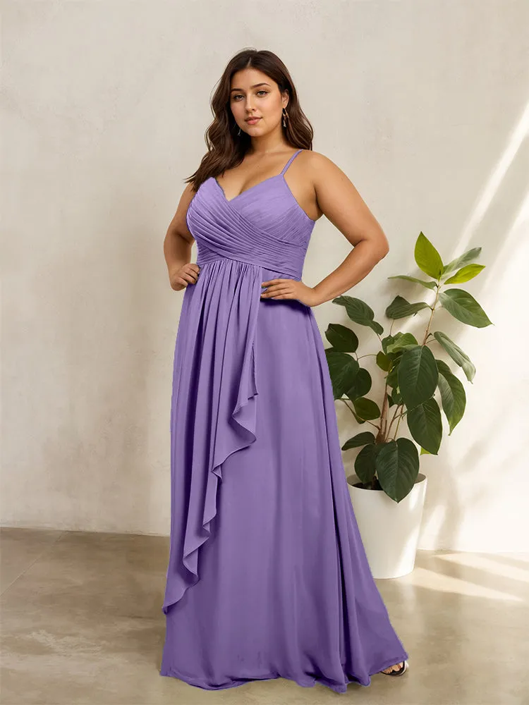 Spaghetti Straps Floor Length Plus Size V-neck Bridesmaid Dresses with Slit