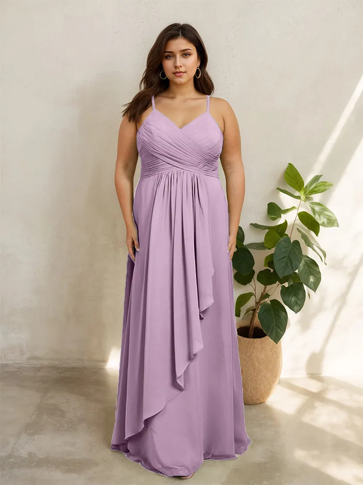 Spaghetti Straps Floor Length Plus Size V-neck Bridesmaid Dresses with Slit