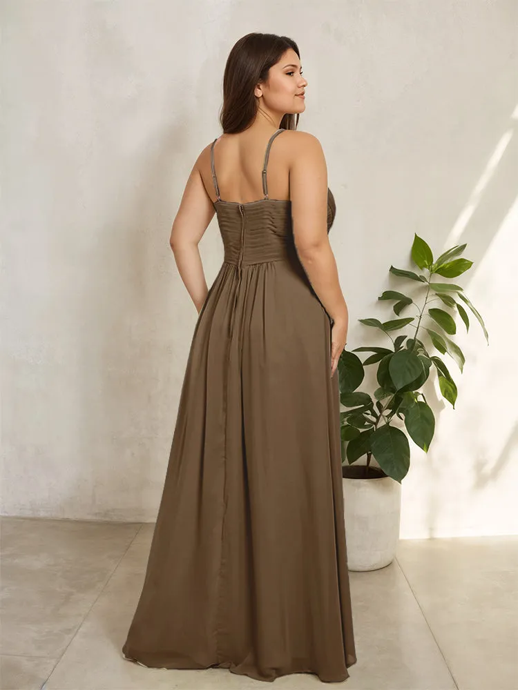 Spaghetti Straps Floor Length Plus Size V-neck Bridesmaid Dresses with Slit