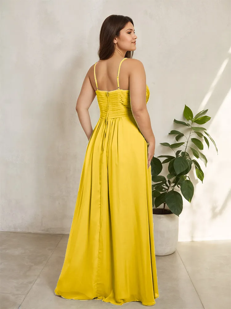 Spaghetti Straps Floor Length Plus Size V-neck Bridesmaid Dresses with Slit