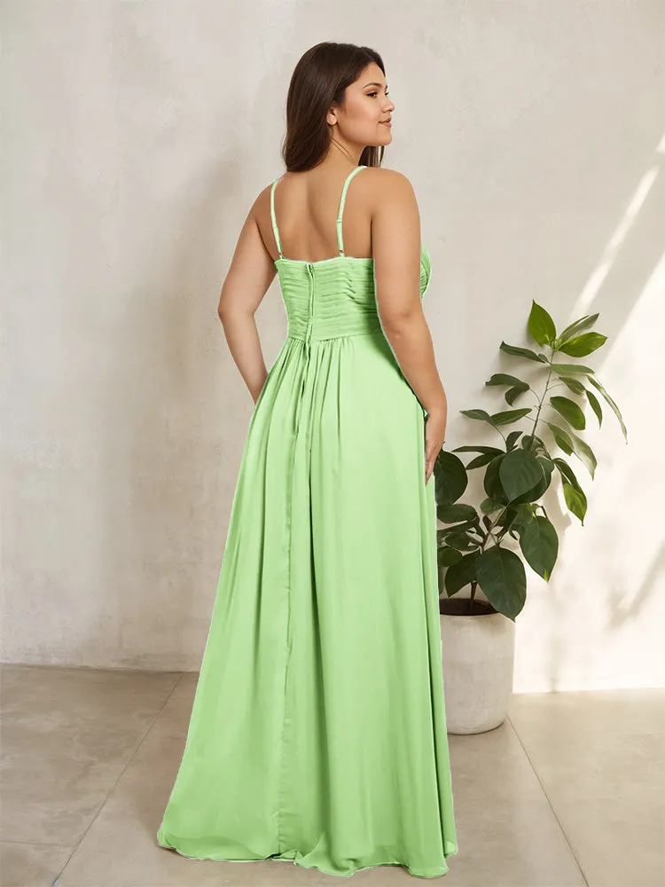 Spaghetti Straps Floor Length Plus Size V-neck Bridesmaid Dresses with Slit