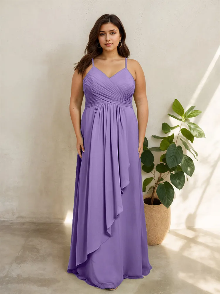 Spaghetti Straps Floor Length Plus Size V-neck Bridesmaid Dresses with Slit