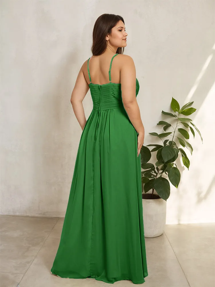 Spaghetti Straps Floor Length Plus Size V-neck Bridesmaid Dresses with Slit