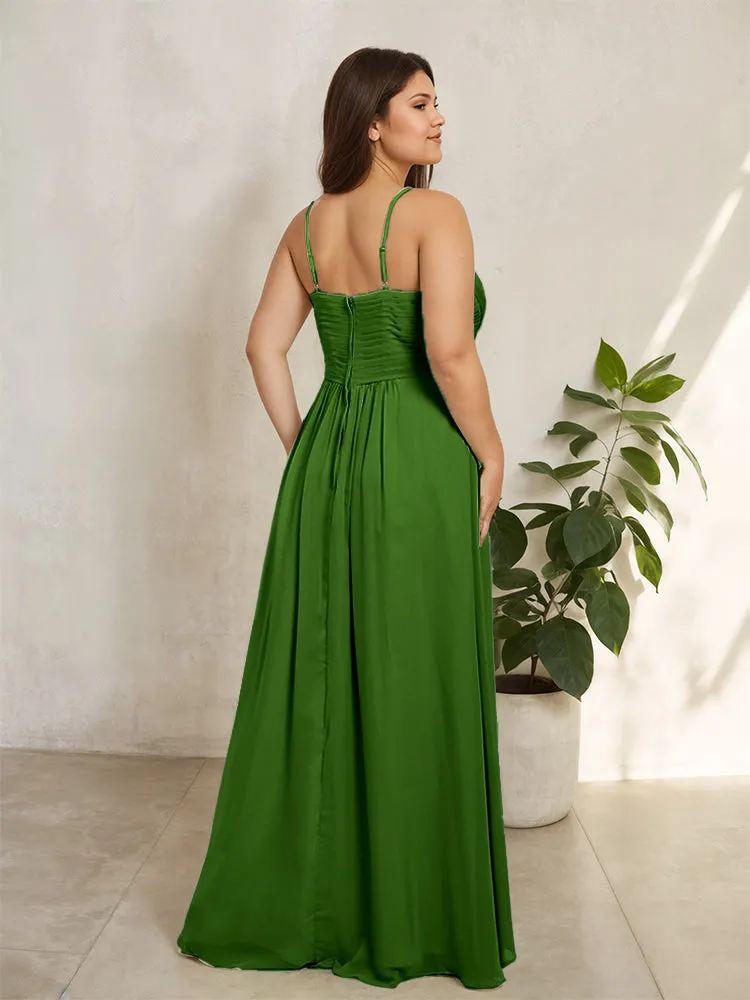 Spaghetti Straps Floor Length Plus Size V-neck Bridesmaid Dresses with Slit