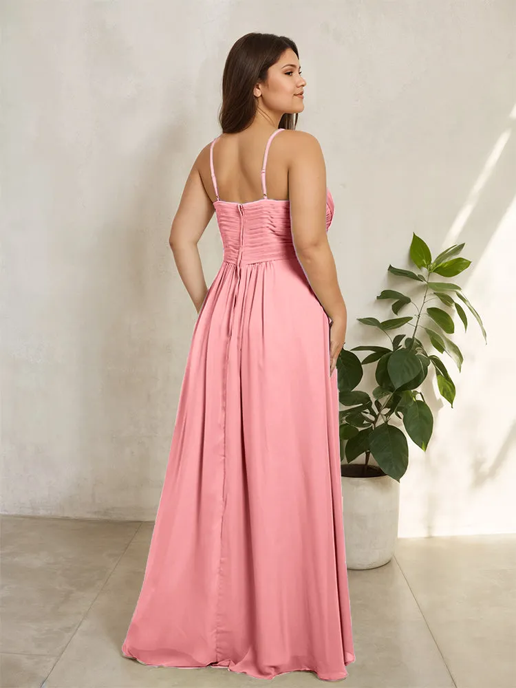 Spaghetti Straps Floor Length Plus Size V-neck Bridesmaid Dresses with Slit