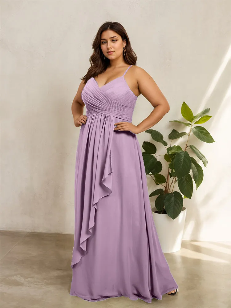 Spaghetti Straps Floor Length Plus Size V-neck Bridesmaid Dresses with Slit