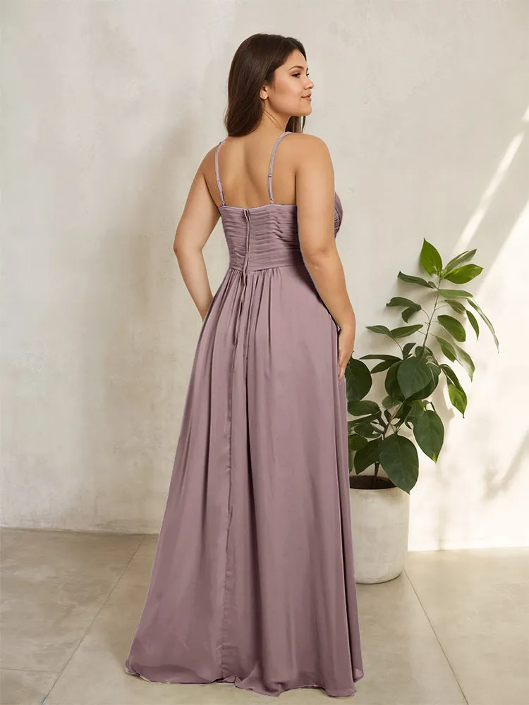 Spaghetti Straps Floor Length Plus Size V-neck Bridesmaid Dresses with Slit