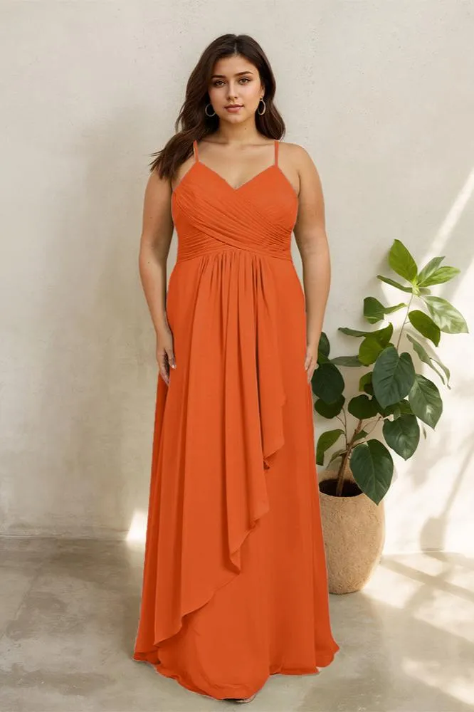 Spaghetti Straps Floor Length Plus Size V-neck Bridesmaid Dresses with Slit