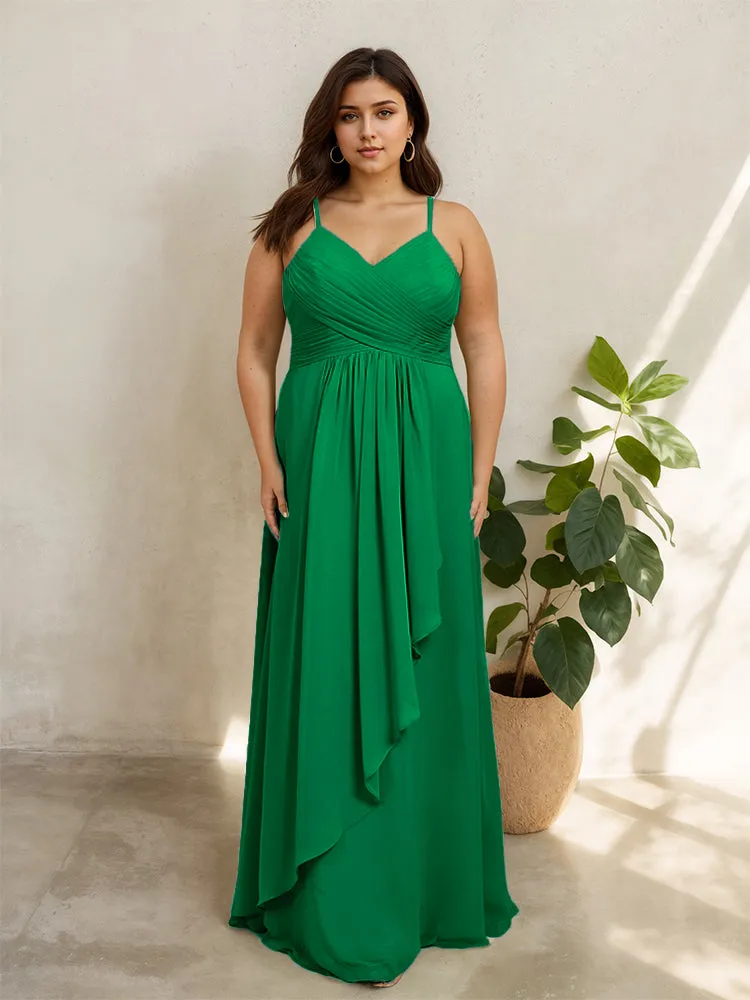 Spaghetti Straps Floor Length Plus Size V-neck Bridesmaid Dresses with Slit