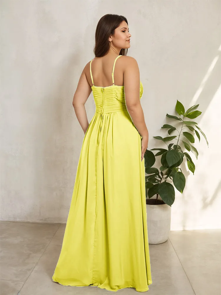 Spaghetti Straps Floor Length Plus Size V-neck Bridesmaid Dresses with Slit